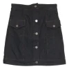 Dark indigo cotton denim high-waisted button-front mini A-line skirt with contrast top-stitched details