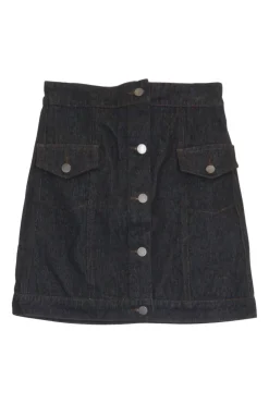 Dark indigo cotton denim high-waisted button-front mini A-line skirt with contrast top-stitched details