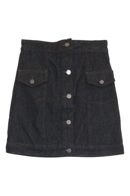 Dark indigo cotton denim high-waisted button-front mini A-line skirt with contrast top-stitched details
