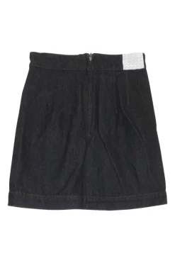Dark indigo cotton denim high-waisted button-front mini A-line skirt with contrast top-stitched details