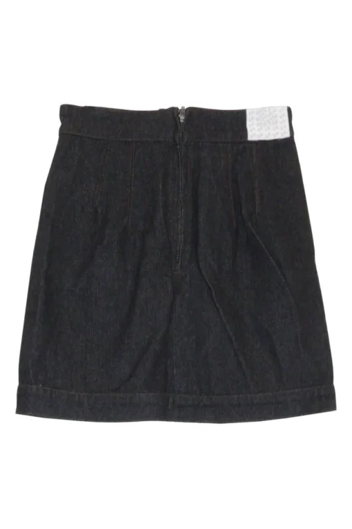 Dark indigo cotton denim high-waisted button-front mini A-line skirt with contrast top-stitched details