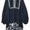Dark indigo embroidered cotton voile pullover tie-front keyhole tunic top with blouson sleeves