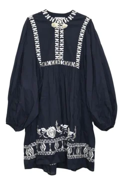 Dark indigo embroidered cotton voile pullover tie-front keyhole tunic top with blouson sleeves