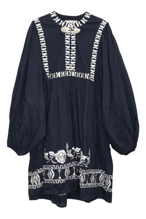 Dark indigo embroidered cotton voile pullover tie-front keyhole tunic top with blouson sleeves