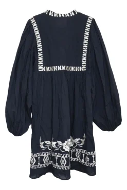 Dark indigo embroidered cotton voile pullover tie-front keyhole tunic top with blouson sleeves