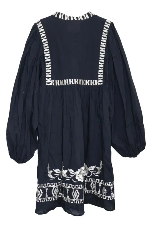 Dark indigo embroidered cotton voile pullover tie-front keyhole tunic top with blouson sleeves