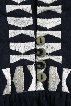 Dark indigo embroidered cotton voile pullover tie-front keyhole tunic top with blouson sleeves