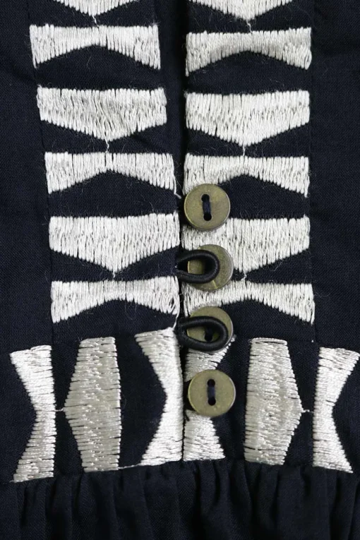 Dark indigo embroidered cotton voile pullover tie-front keyhole tunic top with blouson sleeves