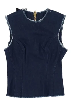 Dark indigo raw edge cotton denim sculpted zip-up top