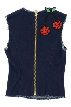 Dark indigo raw edge cotton denim sculpted zip-up top