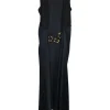 Dark navy and black chainlink-embellished acetate-polyester blend pullover asymmetric tank dress