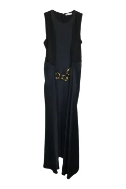 Dark navy and black chainlink-embellished acetate-polyester blend pullover asymmetric tank dress