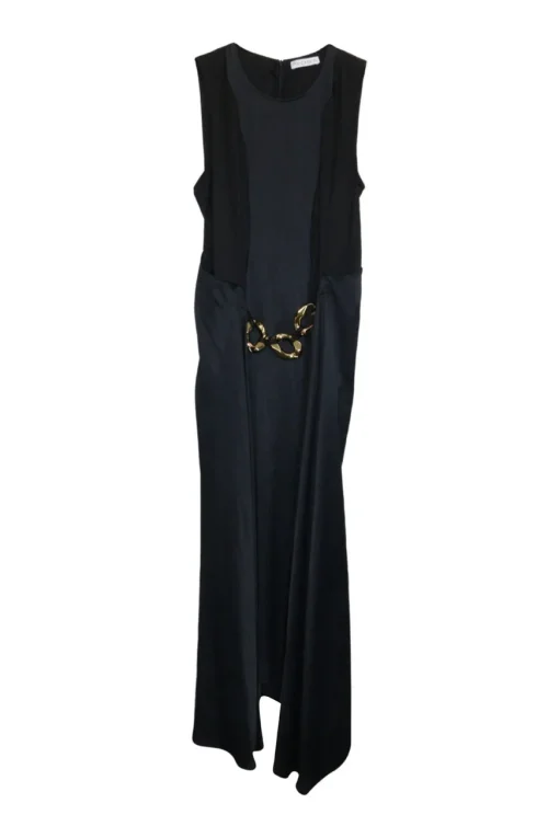 Dark navy and black chainlink-embellished acetate-polyester blend pullover asymmetric tank dress