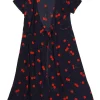 Dark navy and red wild cherry print Teale short sleeve plunge wrap dress