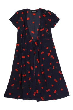Dark navy and red wild cherry print Teale short sleeve plunge wrap dress