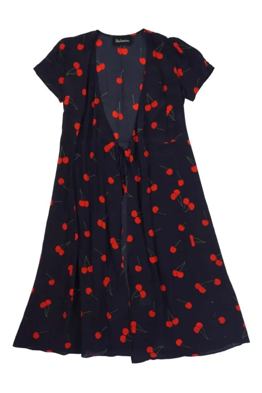 Dark navy and red wild cherry print Teale short sleeve plunge wrap dress