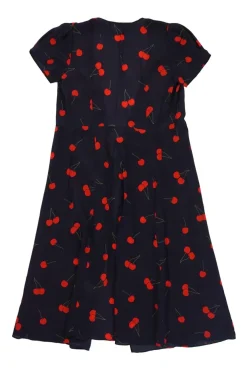 Dark navy and red wild cherry print Teale short sleeve plunge wrap dress