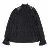 Dark navy polyester dot print smocked swing-style high collar blouse with flounce cuffs