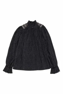 Dark navy polyester dot print smocked swing-style high collar blouse with flounce cuffs