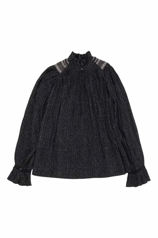Dark navy polyester dot print smocked swing-style high collar blouse with flounce cuffs
