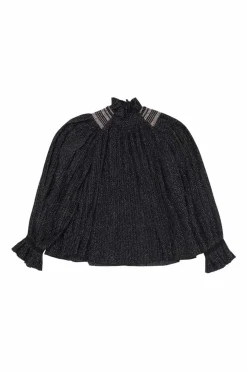 Dark navy polyester dot print smocked swing-style high collar blouse with flounce cuffs