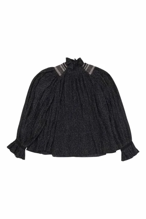 Dark navy polyester dot print smocked swing-style high collar blouse with flounce cuffs