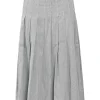 Dark navy striped cotton pull-on high-rise drop-waist midi A-line skirt