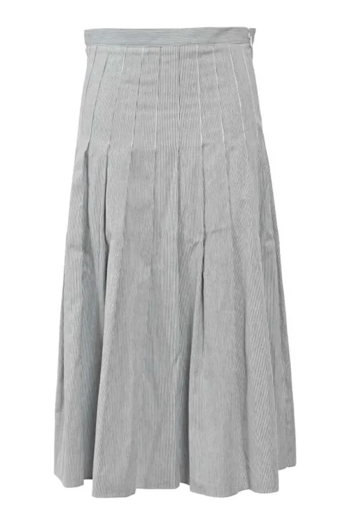 Dark navy striped cotton pull-on high-rise drop-waist midi A-line skirt
