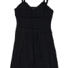 Dark navy viscose-blend fringe bouclé tweed check bustier mini dress with fixed straps