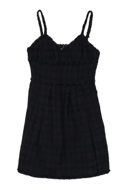 Dark navy viscose-blend fringe bouclé tweed check bustier mini dress with fixed straps