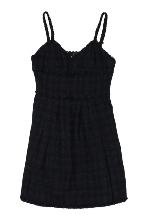 Dark navy viscose-blend fringe bouclé tweed check bustier mini dress with fixed straps