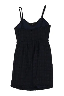 Dark navy viscose-blend fringe bouclé tweed check bustier mini dress with fixed straps