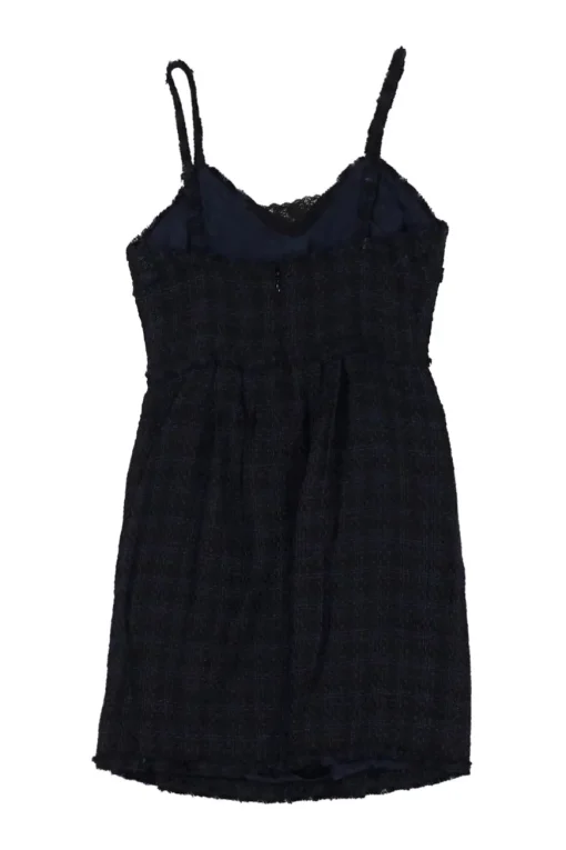 Dark navy viscose-blend fringe bouclé tweed check bustier mini dress with fixed straps