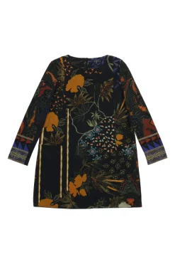 Dark navy viscose-blend velour abstract floral print mini shift dress with cropped sleeves