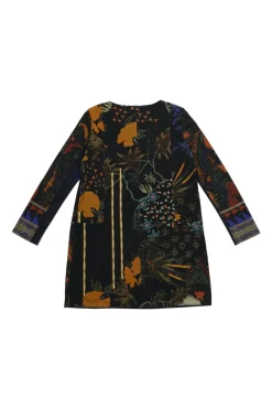 Dark navy viscose-blend velour abstract floral print mini shift dress with cropped sleeves
