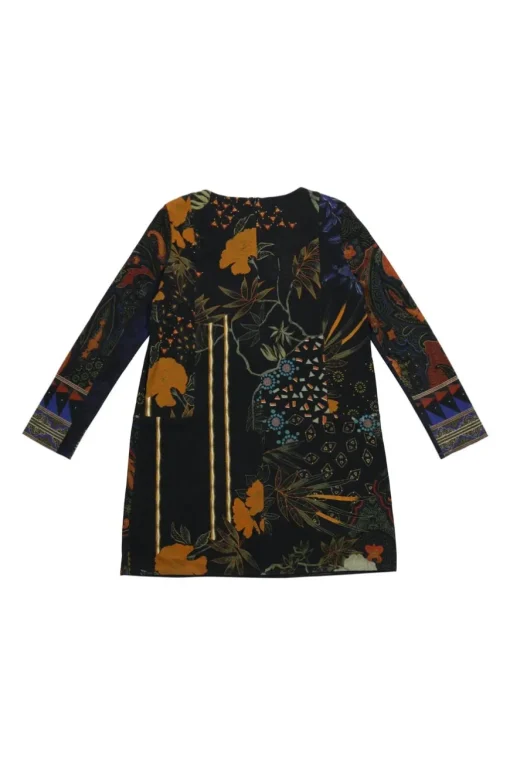 Dark navy viscose-blend velour abstract floral print mini shift dress with cropped sleeves