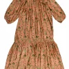 Dark rose viscose-cupro blend Alisa botanic print tiered shift dress with gathered blouson sleeves