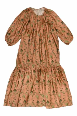 Dark rose viscose-cupro blend Alisa botanic print tiered shift dress with gathered blouson sleeves