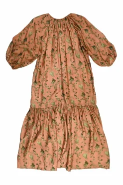 Dark rose viscose-cupro blend Alisa botanic print tiered shift dress with gathered blouson sleeves
