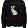 Dioramour navy wool-cashmere blend intarsia knit spread collar sweater featuring rabbit motif
