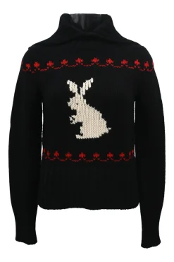 Dioramour navy wool-cashmere blend intarsia knit spread collar sweater featuring rabbit motif