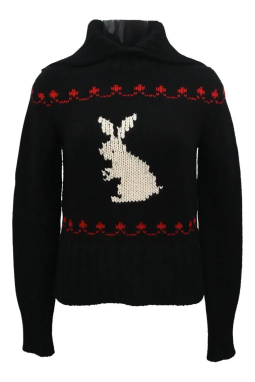 Dioramour navy wool-cashmere blend intarsia knit spread collar sweater featuring rabbit motif