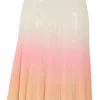 Dip-dyed peach semi-sheer cotton-blend plissé knit pull-on knee-length skirt with lettuce edges