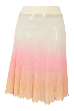 Dip-dyed peach semi-sheer cotton-blend plissé knit pull-on knee-length skirt with lettuce edges