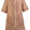 Dirty pink zip up short sleeve knee-length dress with frayed edges