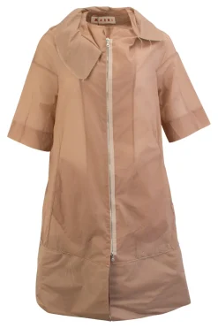 Dirty pink zip up short sleeve knee-length dress with frayed edges