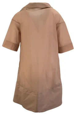 Dirty pink zip up short sleeve knee-length dress with frayed edges