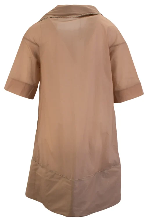 Dirty pink zip up short sleeve knee-length dress with frayed edges