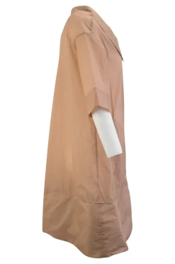 Dirty pink zip up short sleeve knee-length dress with frayed edges