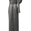 Draped silver crinkle polyester lamé Garnet one-shoulder slit-front column dress with single leg of mutton sleeve